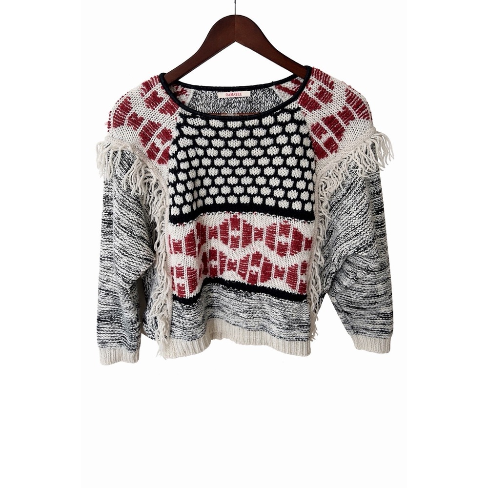 Camaïeu Boho Fringe Knit Sweater Cropped Tribal‎ Pattern Cream Black Red Cozy